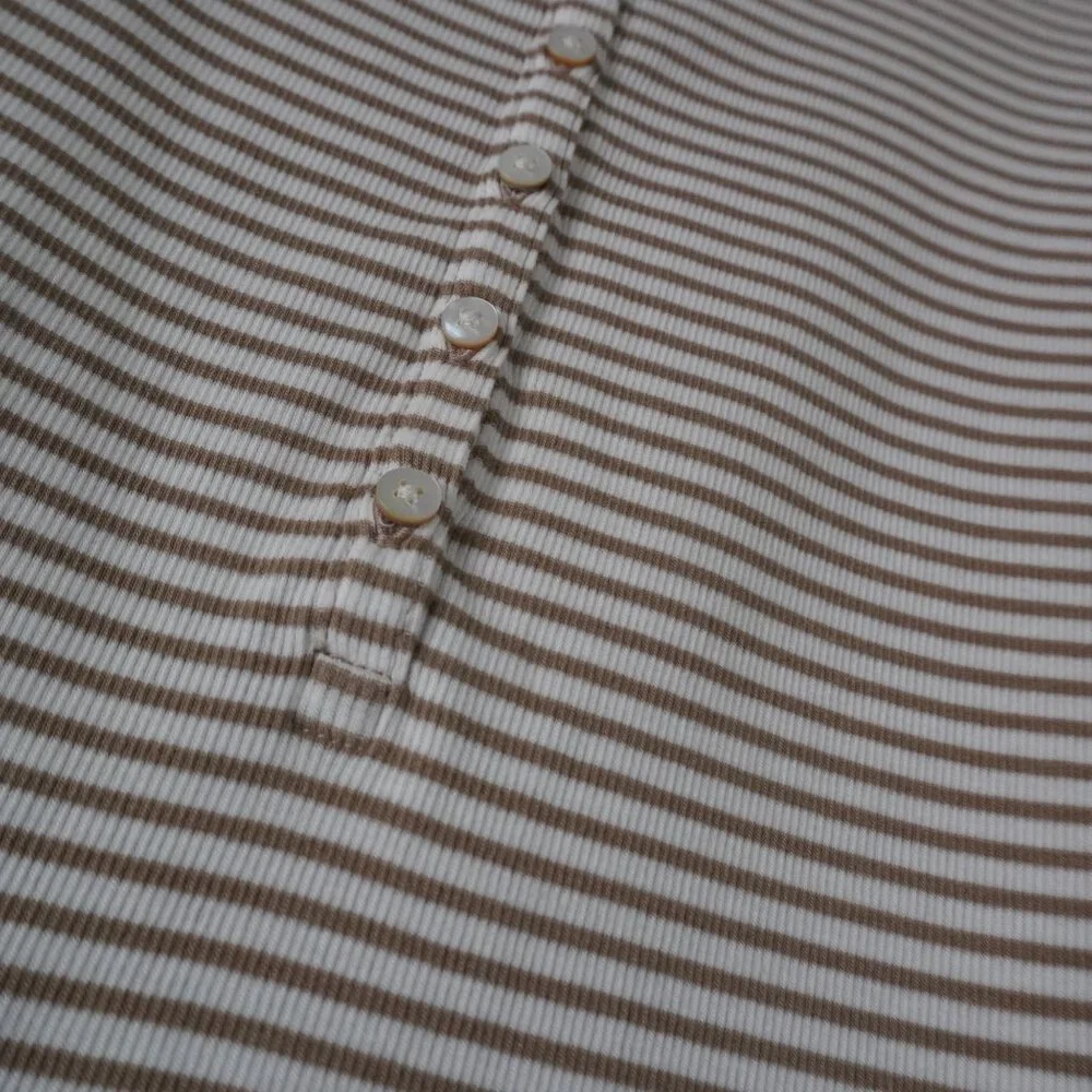 M.M. LaFleur Mori Hinley Thin Striped Ribbed Pima Cotton Khaki / Ivory Tee - Picture 4 of 7